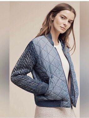 cloth & stone Denim-Blue Quilted Bomber Jacket with Knit Sleeves